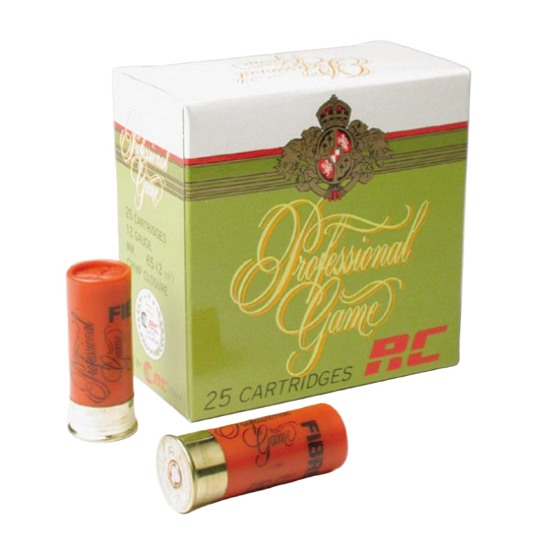 Box of 'Professional Game' shotgun shells with two shells on a white background